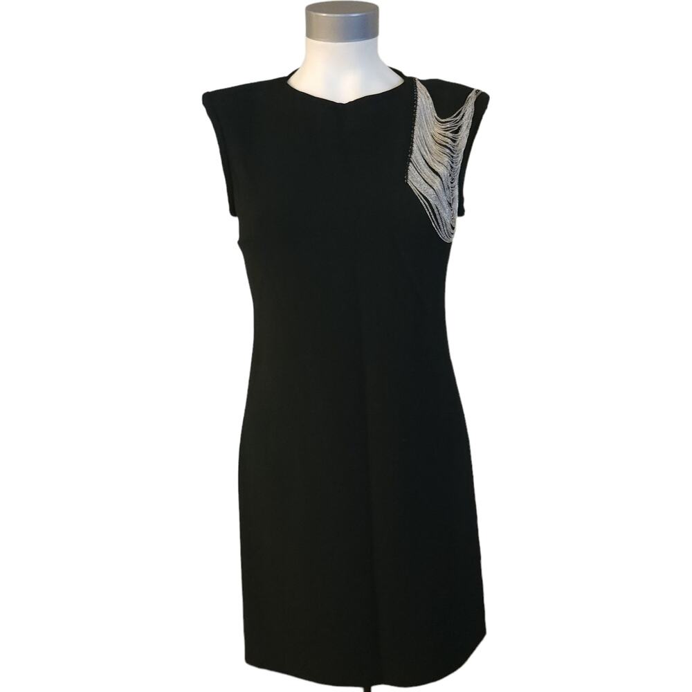 MAJE Raleuse sleeveless chain embellished crepe sheath dress in black Sz 1 S NEW